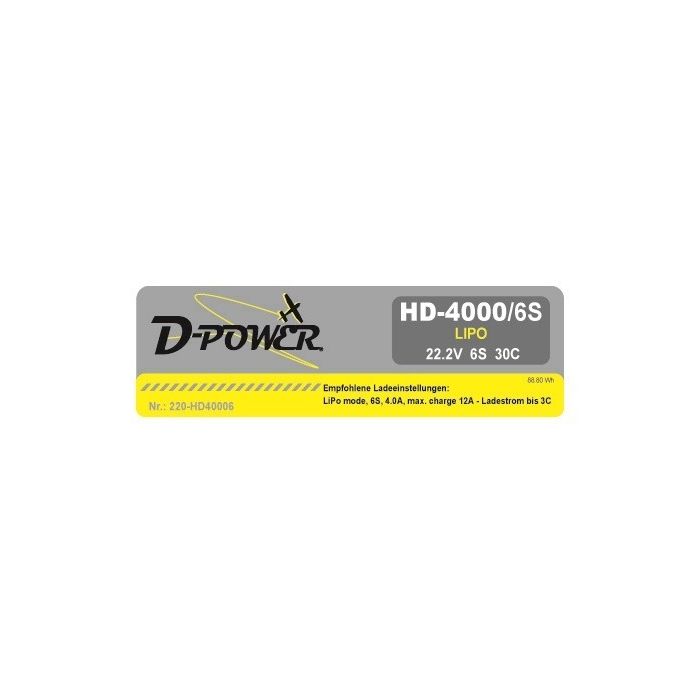 DP-HD40006T, D-Power HD-4000 6S Lipo (22,2V) 30C - T-Stecker , D-Power, voor €85, Geleverd door Bliek Modelbouw, Neerloopweg 31, 4814RS Breda, Telefoon: 076-5497252